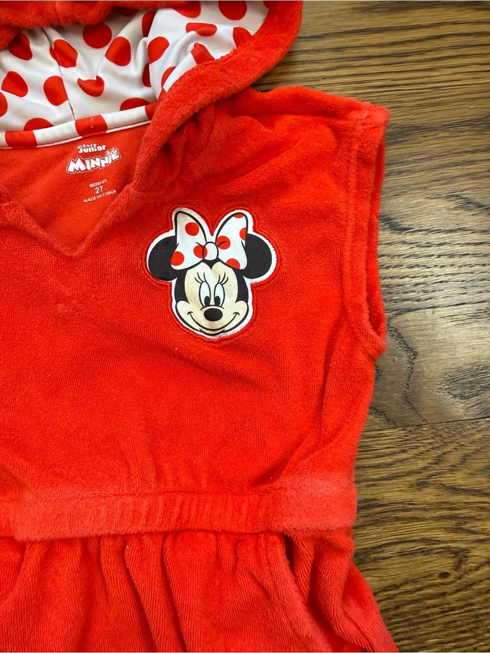 Disney Junior Girls Minnie Mouse Red Hooded Terry Swim Cover w/ Polka Dot Bow 2T